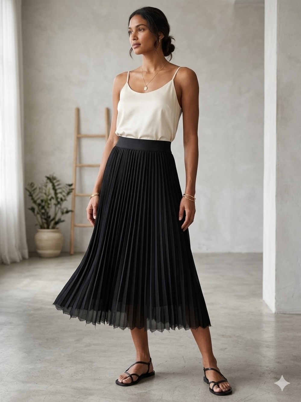 Quince Chiffon Pleated Midi Skirt Black Medium